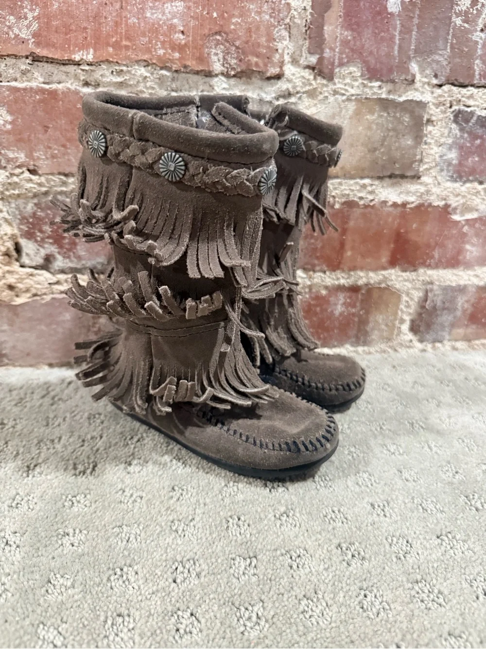 Minnetonka Triple Fringe Suede Moccasin Boots in Grey